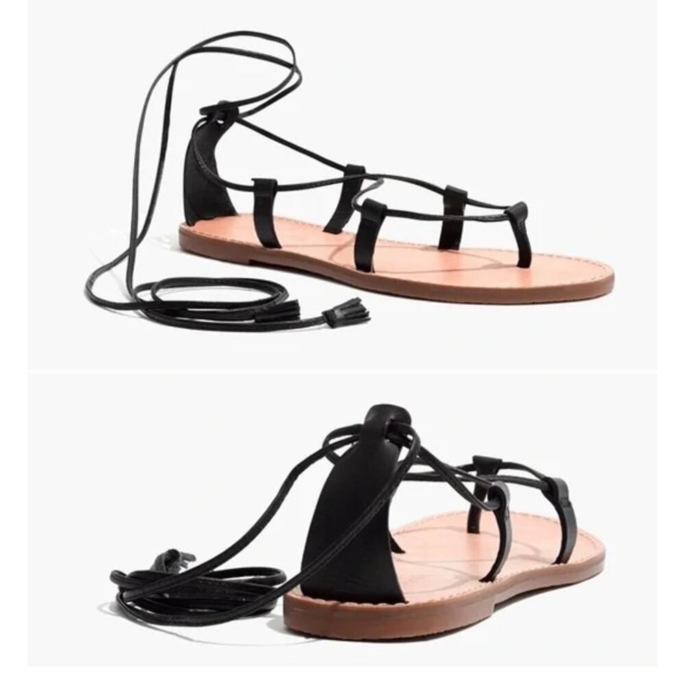 Madewell Boardwalk Leather Lace-Up Gladiator Flat Sandals Black Women's Size 6.5 - Picture 1 of 8